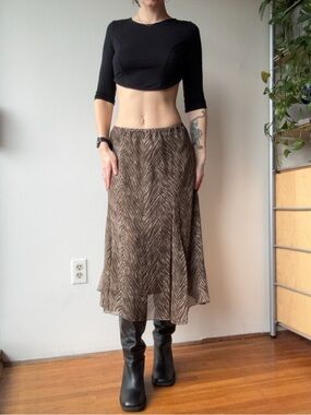 Chicos 100% silk Brown Printed Midi Skirt -